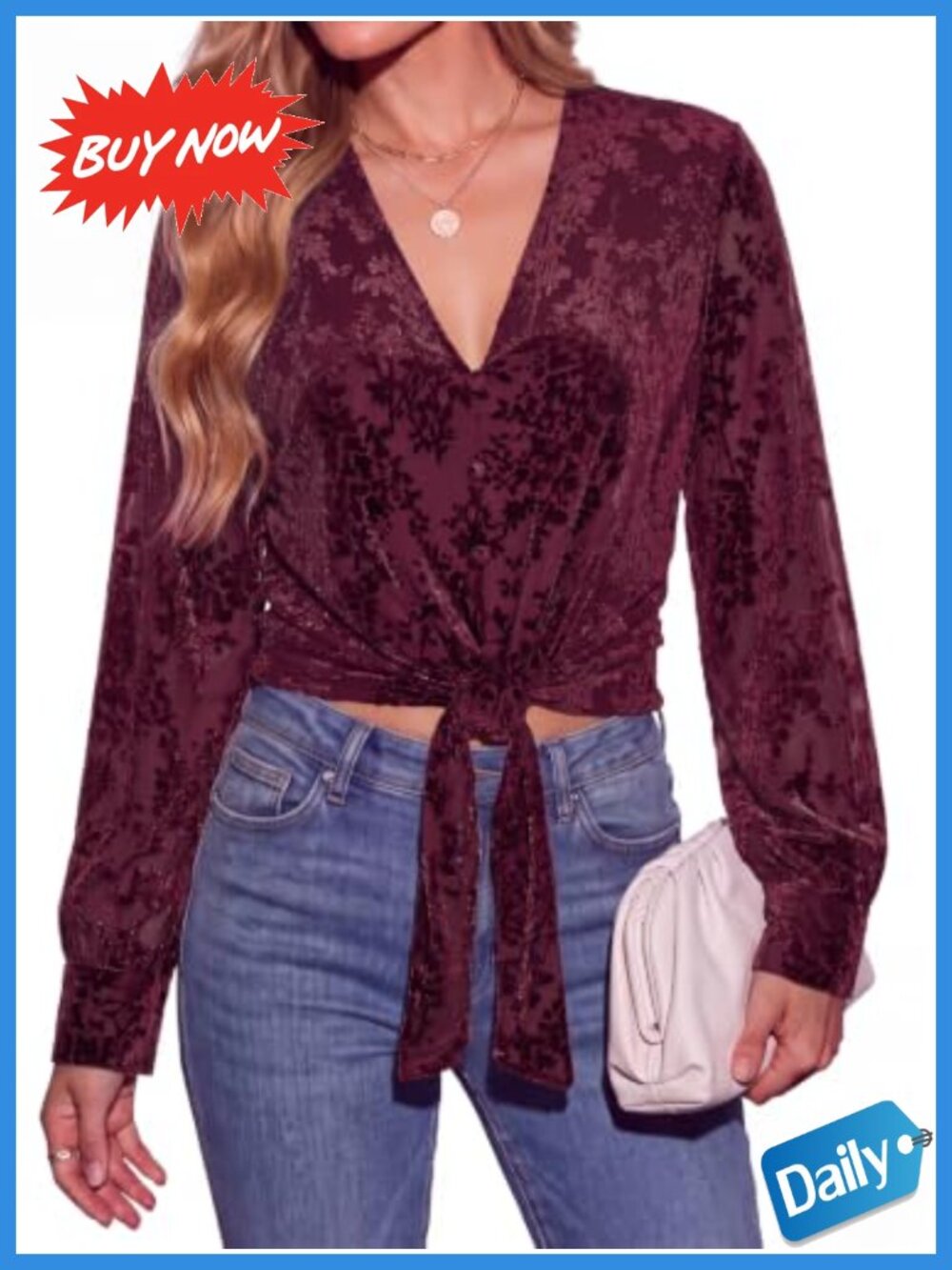 Womens Long Sleeve Crop Top Tie Knot Front V Neck Blouse